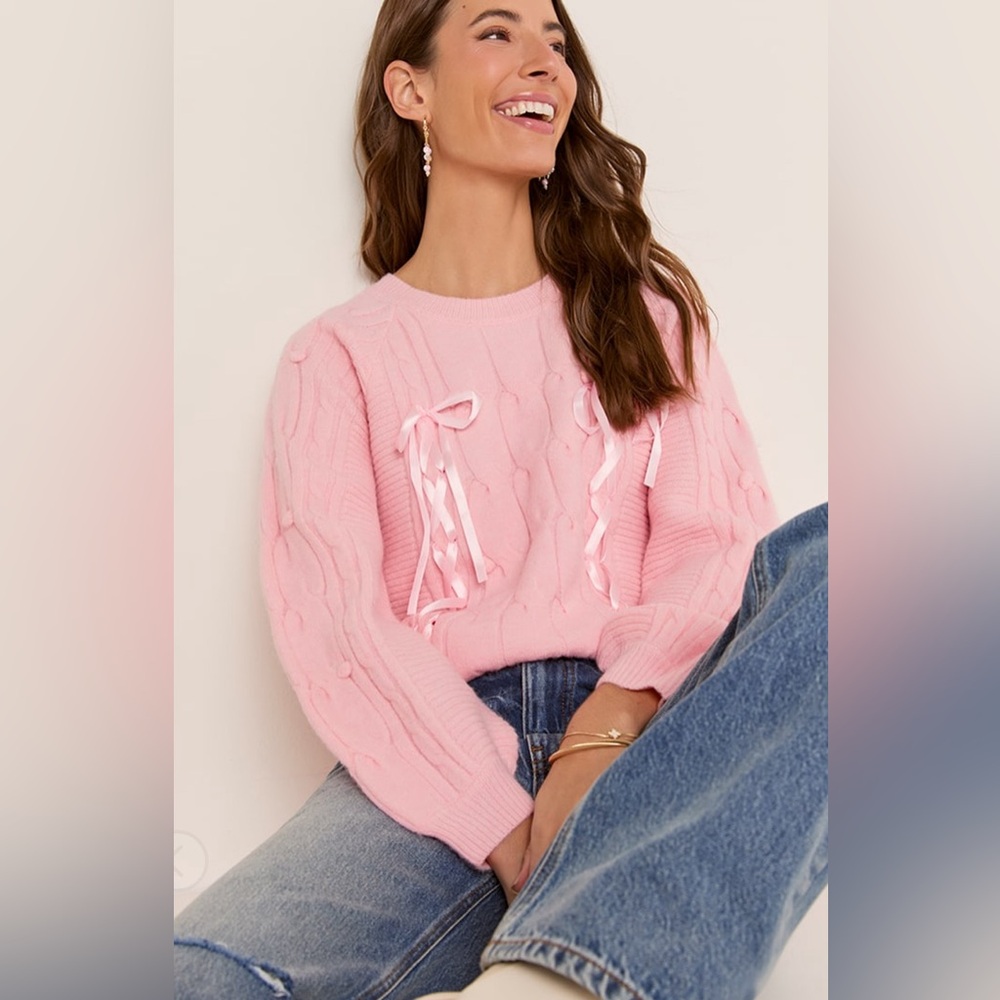 Francesca's NWT Holly Ribbon Front Cable Pullover Sweater - Pink